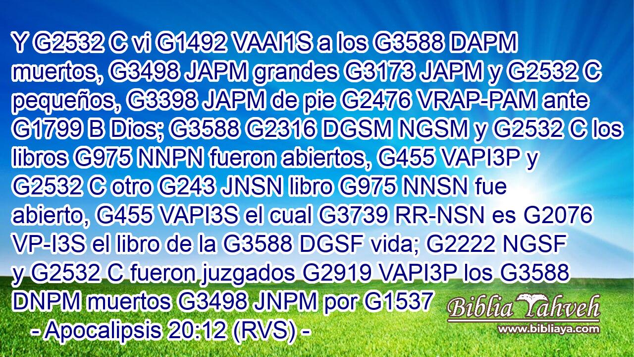 Y G2532 C vi G1492 VAAI1S a los G3588 DAPM muertos, G3498 JAPM grandes G3173 JAPM y G2532 C pequeños, G3398 JAPM de pie G2476 VRAP-PAM ante G1799 B Dios; G3588 G2316 DGSM NGSM y G2532 C los libros G975 NNPN fueron abiertos, G455 VAPI3P y G2532 C otro G243 JNSN libro G975 NNSN fue abierto, G455 VAPI3S el cual G3739 RR-NSN es G2076 VP-I3S el libro de la G3588 DGSF vida; G2222 NGSF y G2532 C fueron juzgados G2919 VAPI3P los G3588 DNPM muertos G3498 JNPM por G1537
