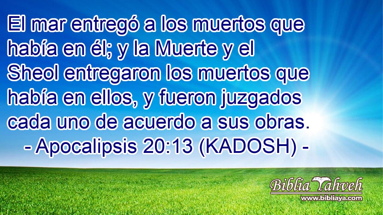  El mar entregó a los muertos que había en él; y la Muerte y el Sheol entregaron los muertos que había en ellos, y fueron juzgados cada uno de acuerdo a sus obras. 