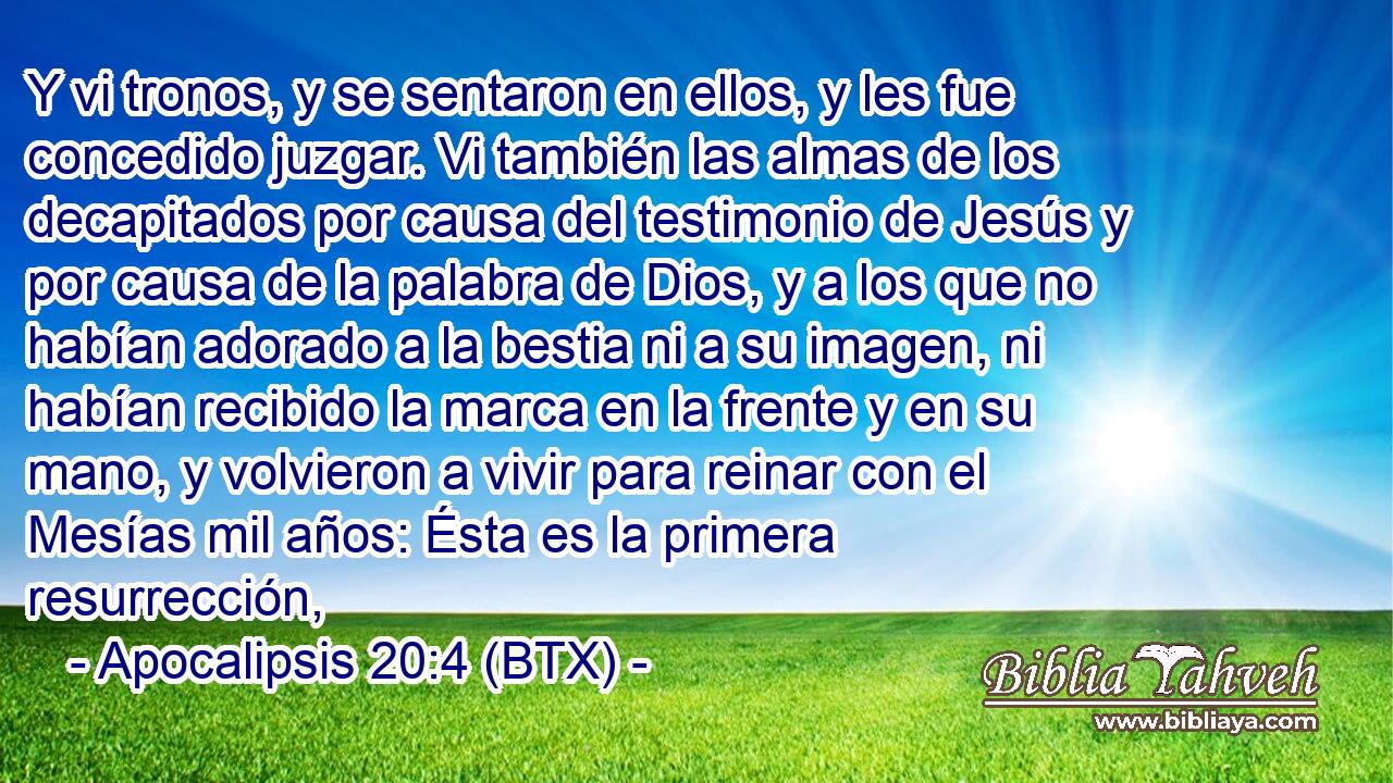 Y vi tronos, y se sentaron en ellos, y les fue concedido juzgar. Vi también las almas de los decapitados por causa del testimonio de Jesús y por causa de la palabra de Dios, y a los que no habían adorado a la bestia ni a su imagen, ni habían recibido la marca en la frente y en su mano, y volvieron a vivir para reinar con el Mesías mil años: Ésta es la primera resurrección,