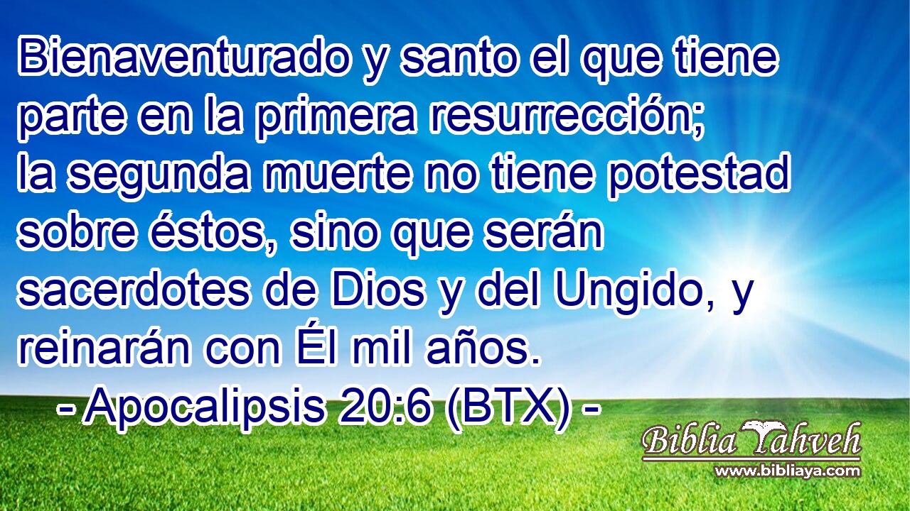 Bienaventurado y santo el que tiene parte en la primera resurrección; la segunda muerte no tiene potestad sobre éstos, sino que serán sacerdotes de Dios y del Ungido, y reinarán con Él mil años.