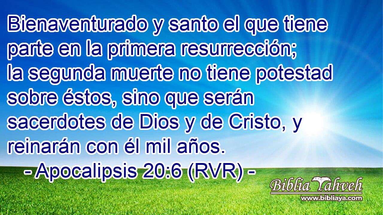 Bienaventurado y santo el que tiene parte en la primera resurrección; la segunda muerte no tiene potestad sobre éstos, sino que serán sacerdotes de Dios y de Cristo, y reinarán con él mil años.