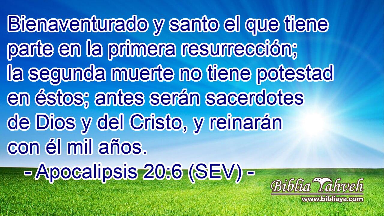 Bienaventurado y santo el que tiene parte en la primera resurrección; la segunda muerte no tiene potestad en éstos; antes serán sacerdotes de Dios y del Cristo, y reinarán con él mil años.