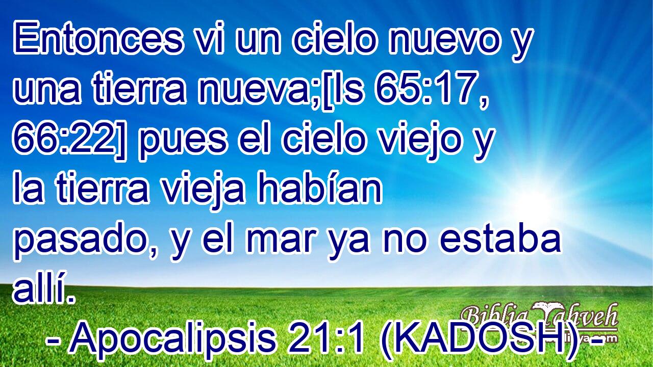  Entonces vi un cielo nuevo y una tierra nueva;[Is 65:17, 66:22] pues el cielo viejo y la tierra vieja habían pasado, y el mar ya no estaba allí. 