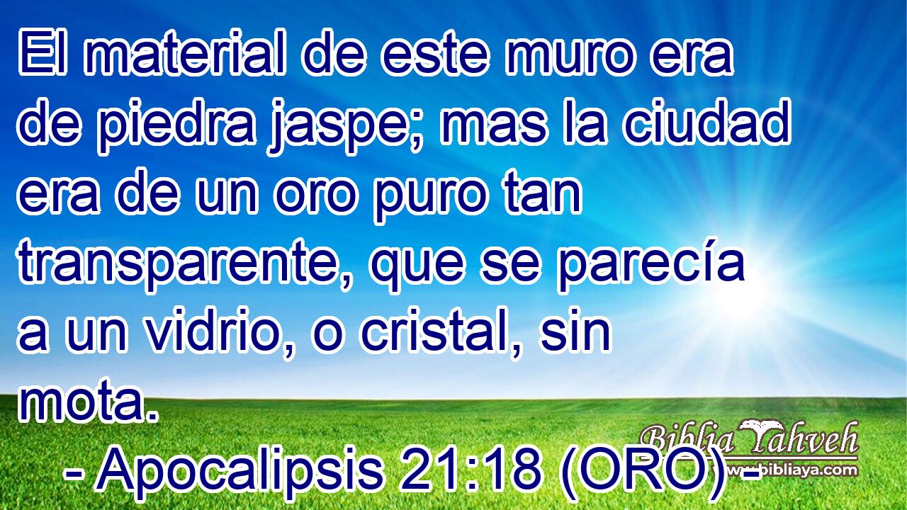  El material de este muro era de piedra jaspe; mas la ciudad era de un oro puro tan transparente, que se parecía a un vidrio, o cristal, sin mota. 