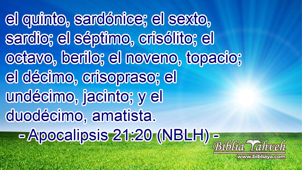  el quinto, sardónice; el sexto, sardio; el séptimo, crisólito; el octavo, berilo; el noveno, topacio; el décimo, crisopraso; el undécimo, jacinto; y el duodécimo, amatista. 