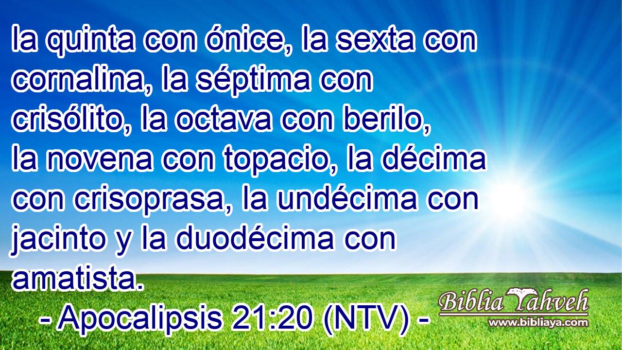 la quinta con ónice, la sexta con cornalina, la séptima con crisólito, la octava con berilo, la novena con topacio, la décima con crisoprasa, la undécima con jacinto y la duodécima con amatista.