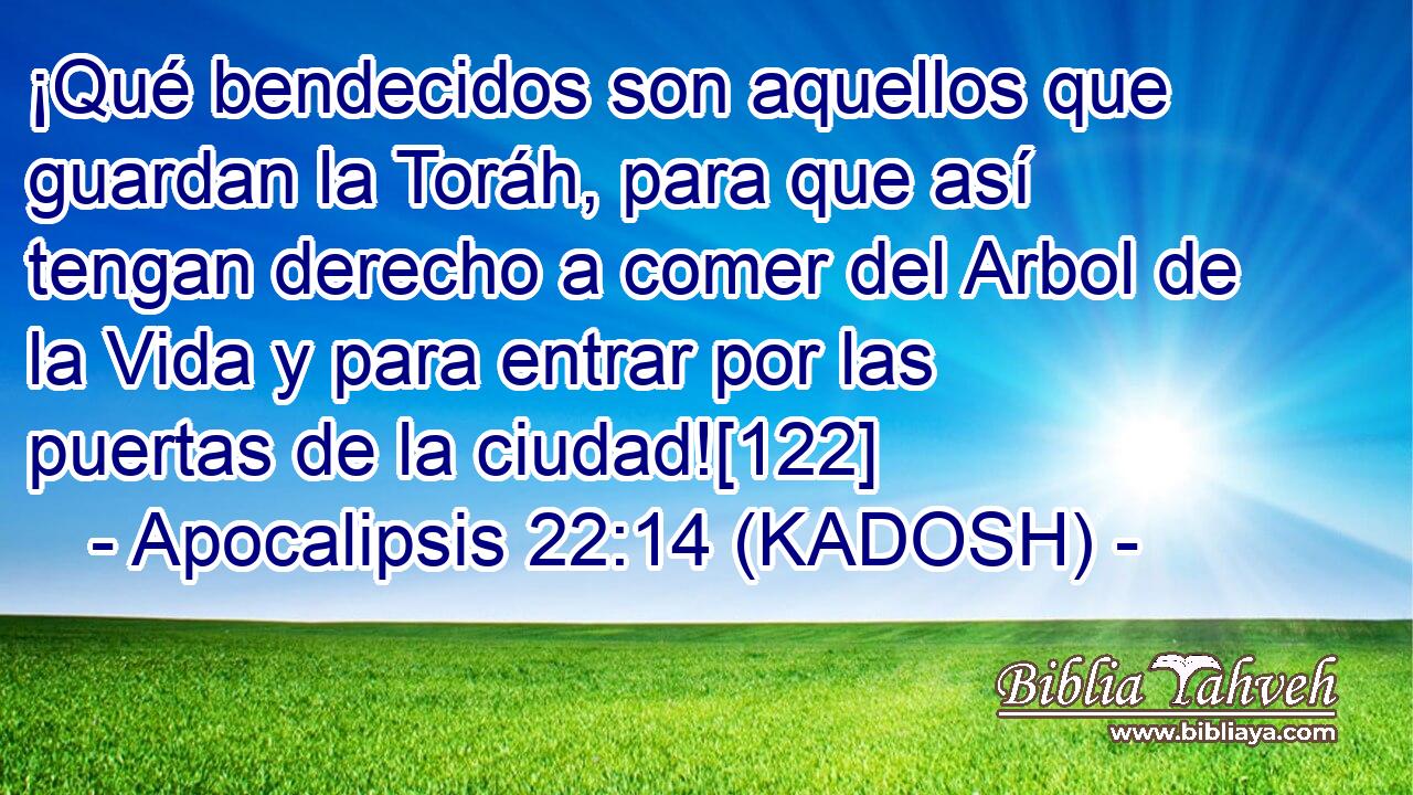  ¡Qué bendecidos son aquellos que guardan la Toráh, para que así tengan derecho a comer del Arbol de la Vida y para entrar por las puertas de la ciudad![122] 
