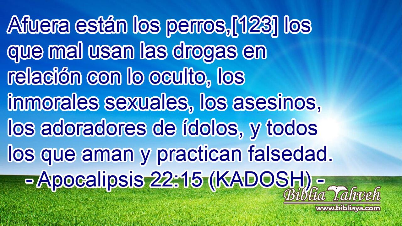  Afuera están los perros,[123] los que mal usan las drogas en relación con lo oculto, los inmorales sexuales, los asesinos, los adoradores de ídolos, y todos los que aman y practican falsedad. 