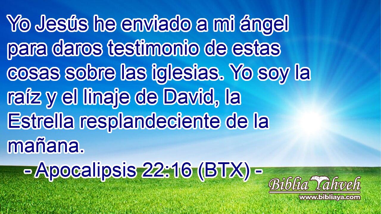 Yo Jesús he enviado a mi ángel para daros testimonio de estas cosas sobre las iglesias. Yo soy la raíz y el linaje de David, la Estrella resplandeciente de la mañana.