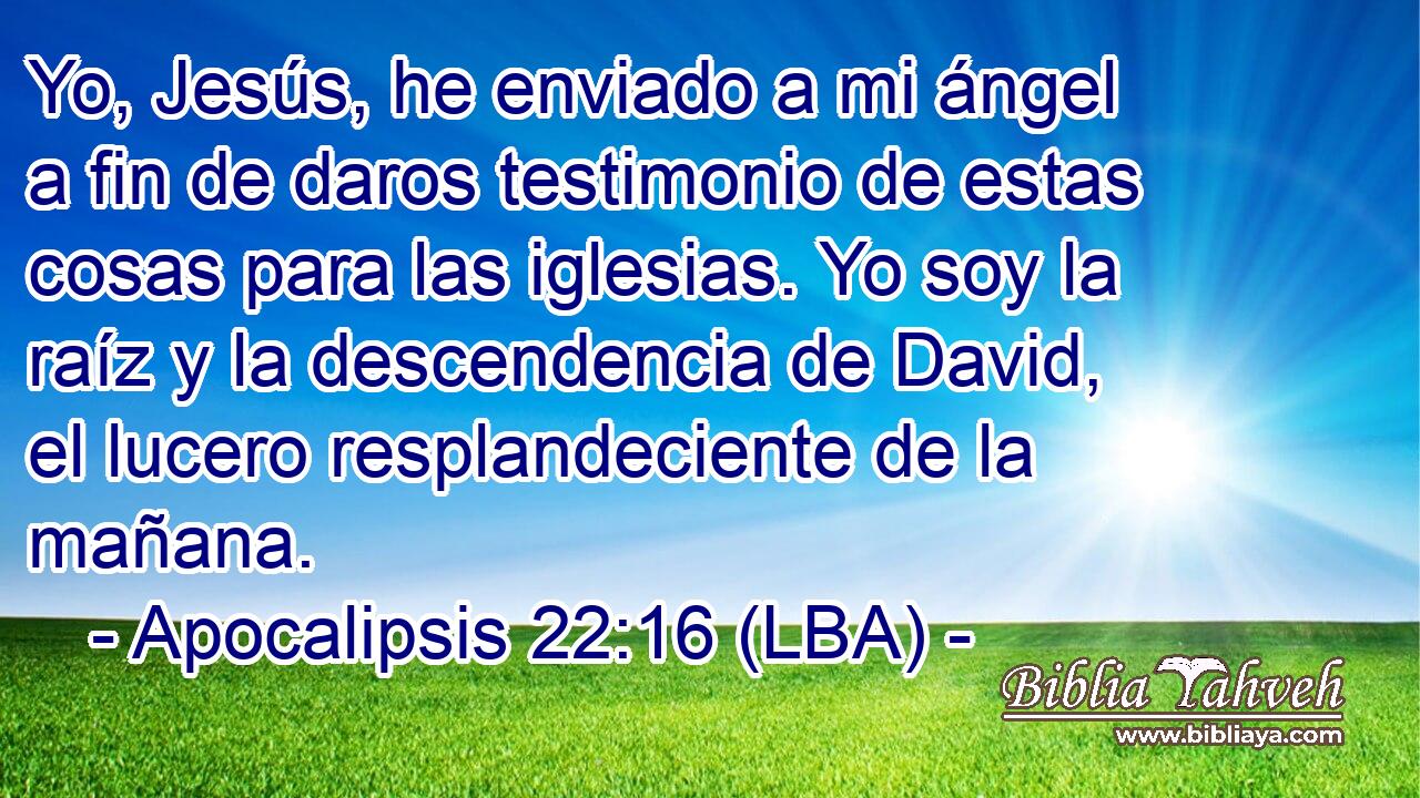 Yo, Jesús, he enviado a mi ángel a fin de daros testimonio de estas cosas para las iglesias. Yo soy la raíz y la descendencia de David, el lucero resplandeciente de la mañana.