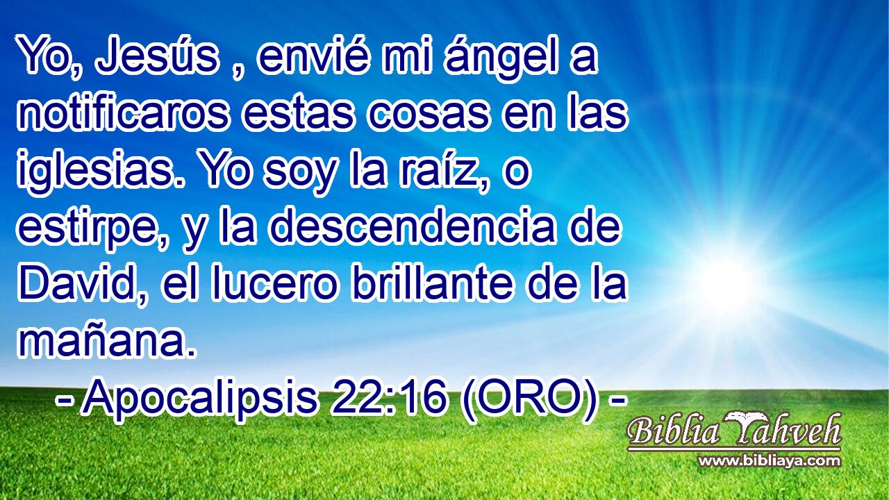  Yo, Jesús , envié mi ángel a notificaros estas cosas en las iglesias. Yo soy la raíz, o estirpe, y la descendencia de David, el lucero brillante de la mañana. 