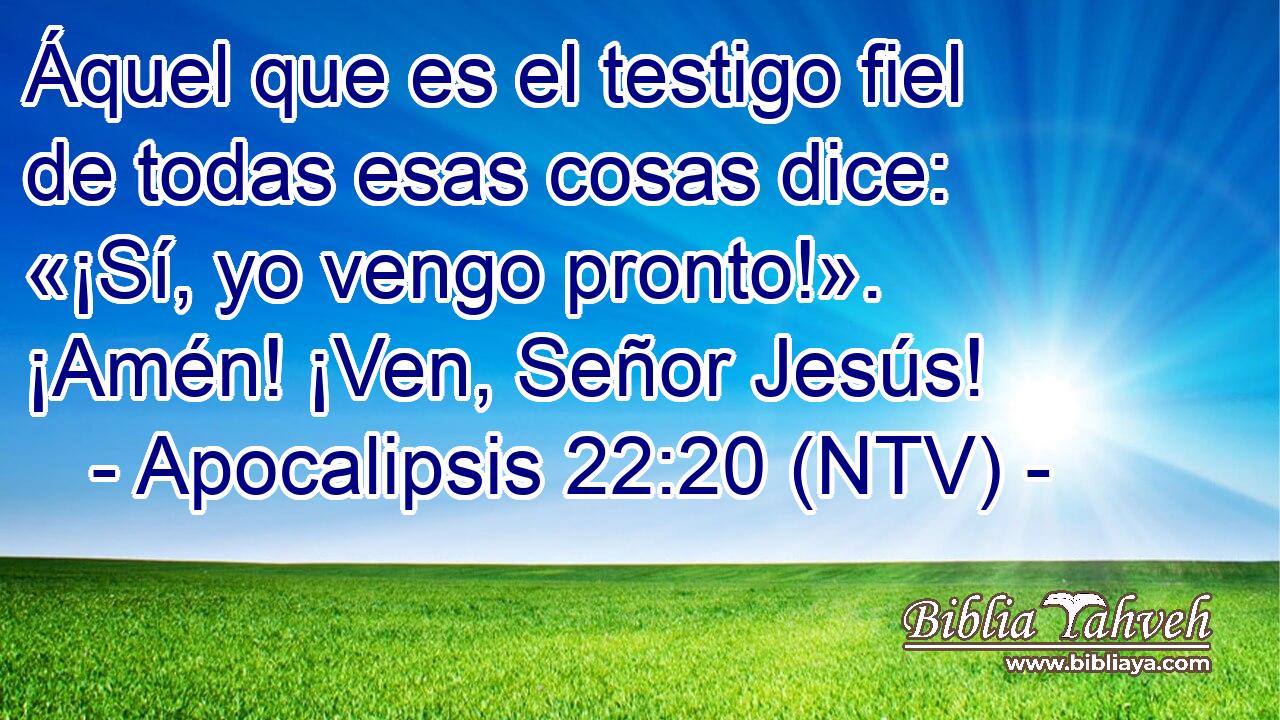 Áquel que es el testigo fiel de todas esas cosas dice: «¡Sí, yo vengo pronto!». ¡Amén! ¡Ven, Señor Jesús!