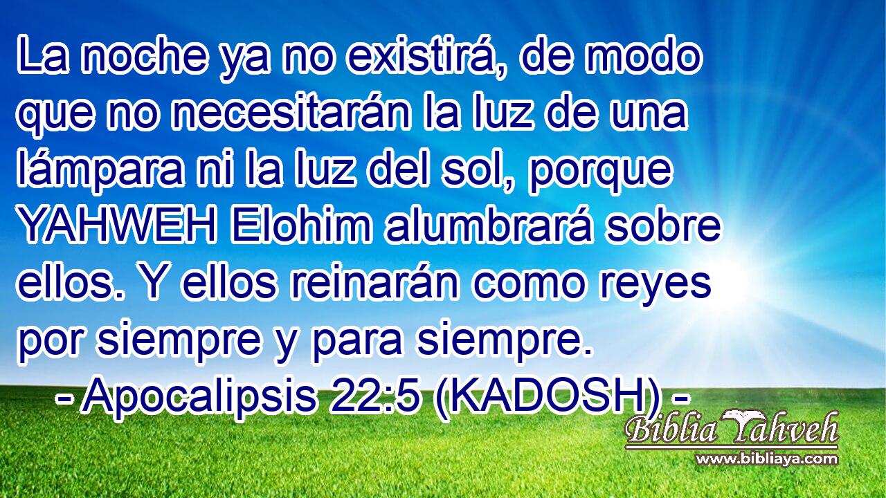  La noche ya no existirá, de modo que no necesitarán la luz de una lámpara ni la luz del sol, porque YAHWEH Elohim alumbrará sobre ellos. Y ellos reinarán como reyes por siempre y para siempre. 