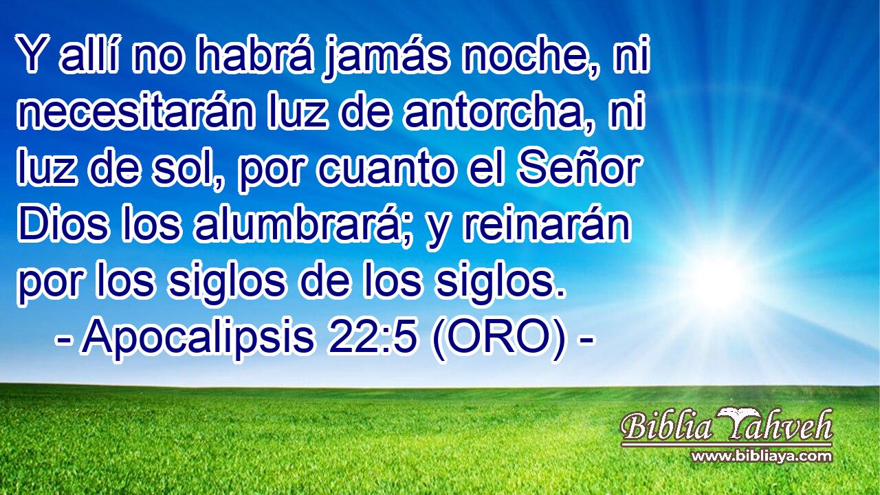  Y allí no habrá jamás noche, ni necesitarán luz de antorcha, ni luz de sol, por cuanto el Señor Dios los alumbrará; y reinarán por los siglos de los siglos. 