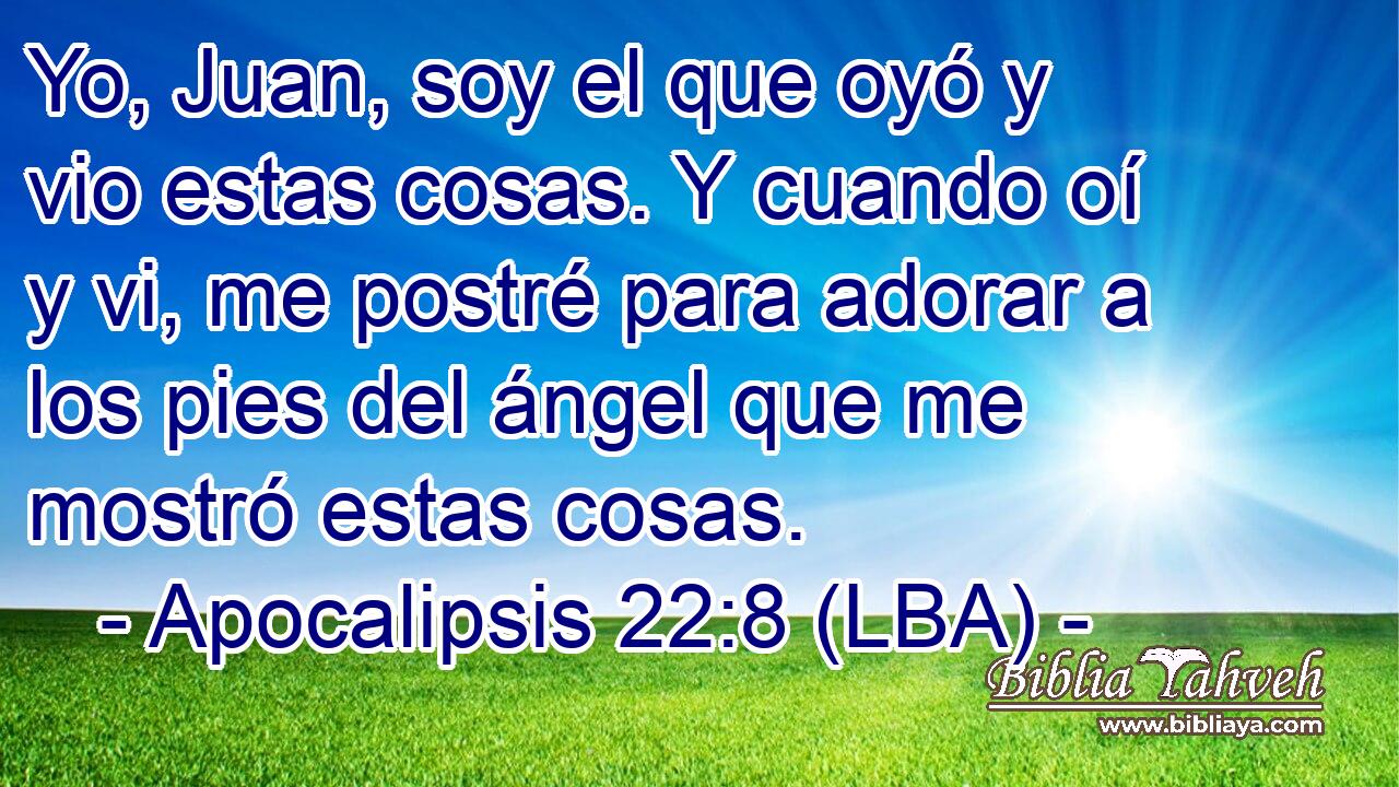 Yo, Juan, soy el que oyó y vio estas cosas. Y cuando oí y vi, me postré para adorar a los pies del ángel que me mostró estas cosas.