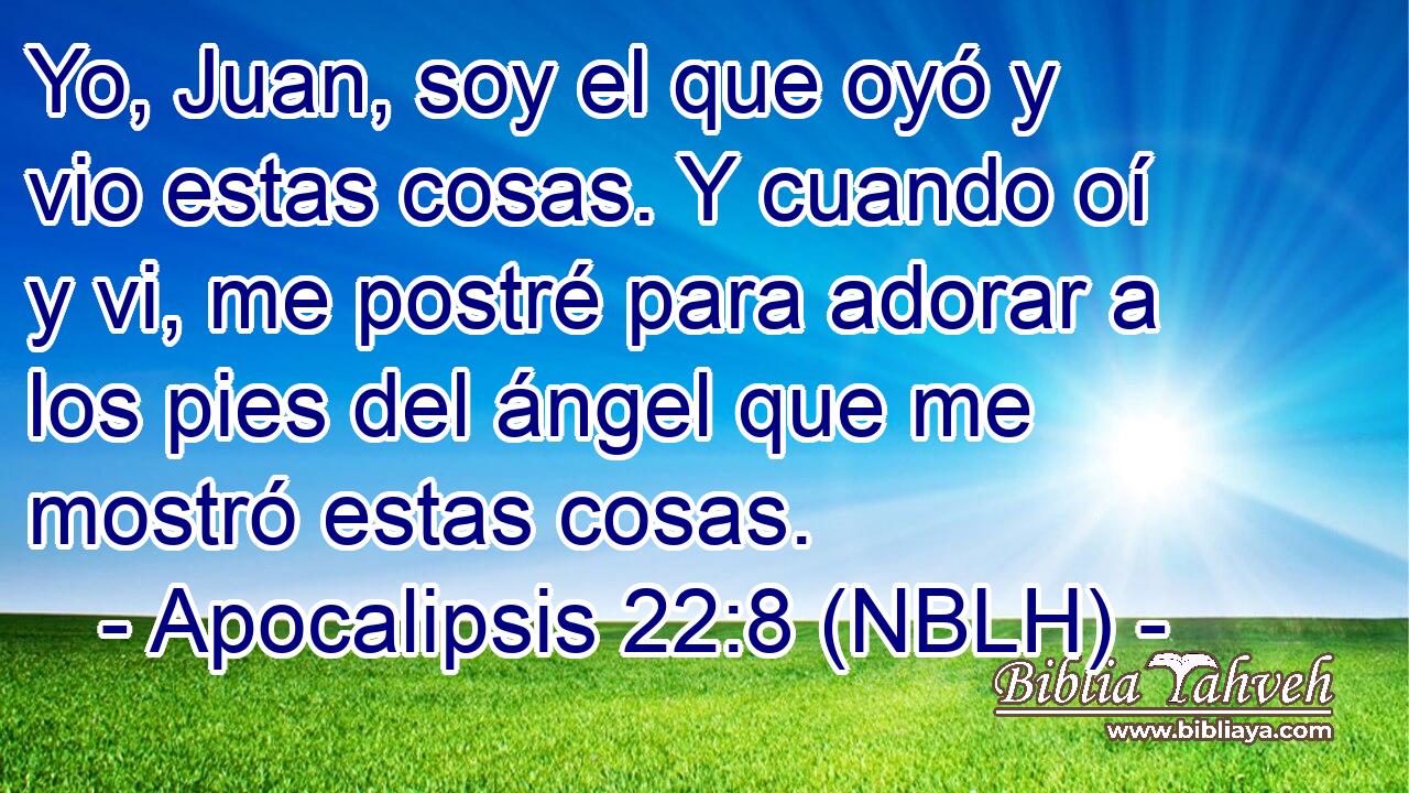  Yo, Juan, soy el que oyó y vio estas cosas. Y cuando oí y vi, me postré para adorar a los pies del ángel que me mostró estas cosas. 