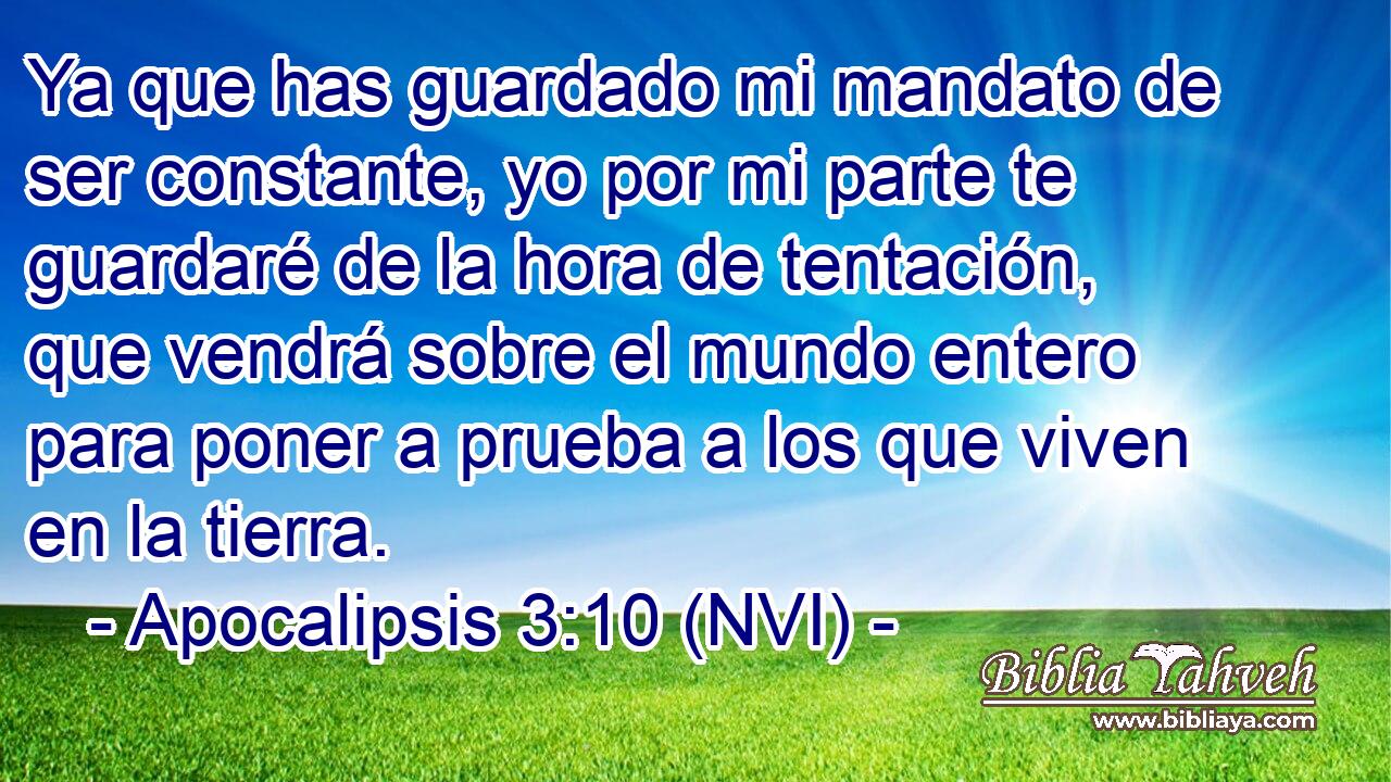  Ya que has guardado mi mandato de ser constante, yo por mi parte te guardaré de la hora de tentación, que vendrá sobre el mundo entero para poner a prueba a los que viven en la tierra. 