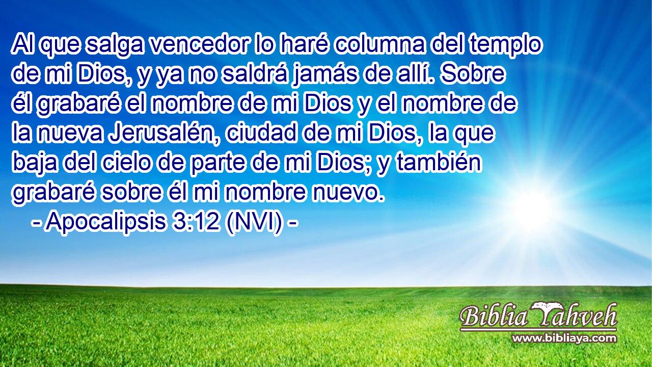 Al que salga vencedor lo haré columna del templo de mi Dios, y ya no saldrá jamás de allí. Sobre él grabaré el nombre de mi Dios y el nombre de la nueva Jerusalén, ciudad de mi Dios, la que baja del cielo de parte de mi Dios; y también grabaré sobre él mi nombre nuevo. 