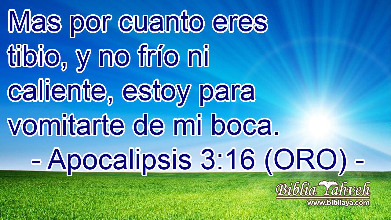 Mas por cuanto eres tibio, y no frío ni caliente, estoy para vomitarte de mi boca. 