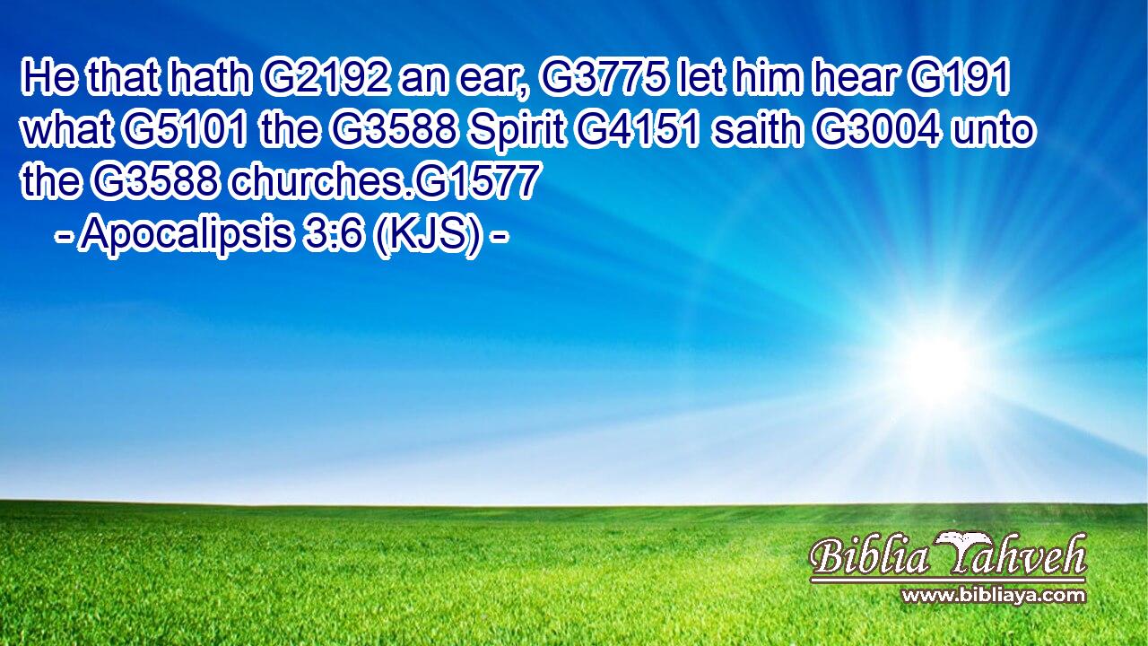 He that hath G2192 an ear, G3775 let him hear G191 what G5101 the G3588 Spirit G4151 saith G3004 unto the G3588 churches.G1577