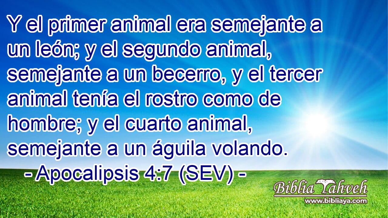 Y el primer animal era semejante a un león; y el segundo animal, semejante a un becerro, y el tercer animal tenía el rostro como de hombre; y el cuarto animal, semejante a un águila volando.
