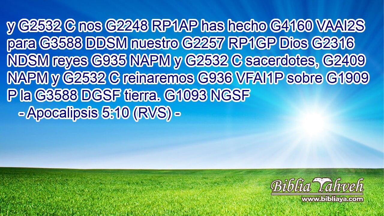 y G2532 C nos G2248 RP1AP has hecho G4160 VAAI2S para G3588 DDSM nuestro G2257 RP1GP Dios G2316 NDSM reyes G935 NAPM y G2532 C sacerdotes, G2409 NAPM y G2532 C reinaremos G936 VFAI1P sobre G1909 P la G3588 DGSF tierra. G1093 NGSF 