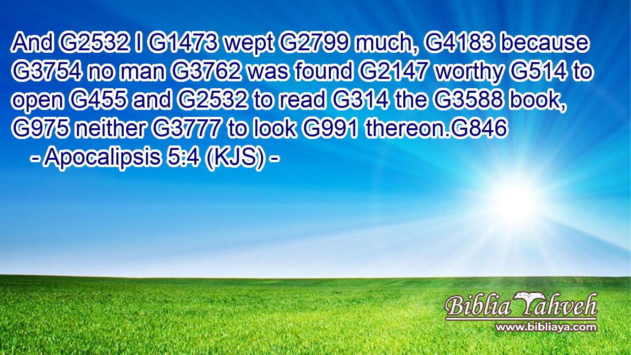 And G2532 I G1473 wept G2799 much, G4183 because G3754 no man G3762 was found G2147 worthy G514 to open G455 and G2532 to read G314 the G3588 book, G975 neither G3777 to look G991 thereon.G846