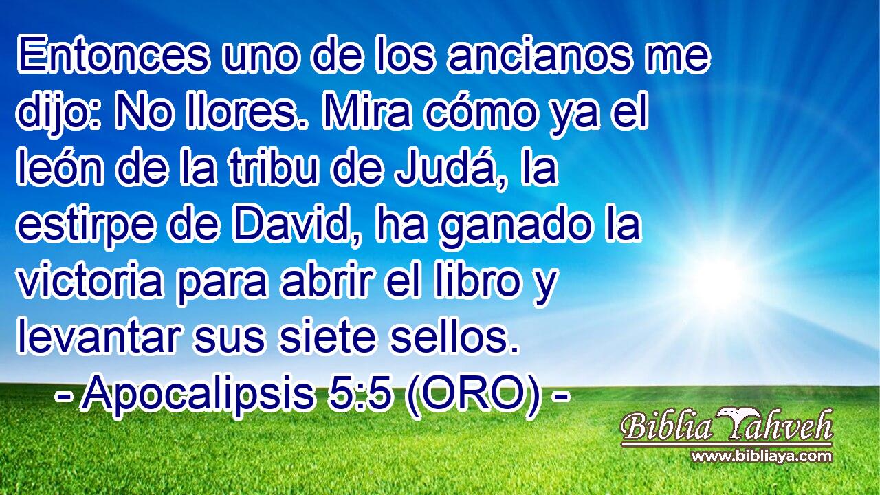  Entonces uno de los ancianos me dijo: No llores. Mira cómo ya el león de la tribu de Judá, la estirpe de David, ha ganado la victoria para abrir el libro y levantar sus siete sellos. 
