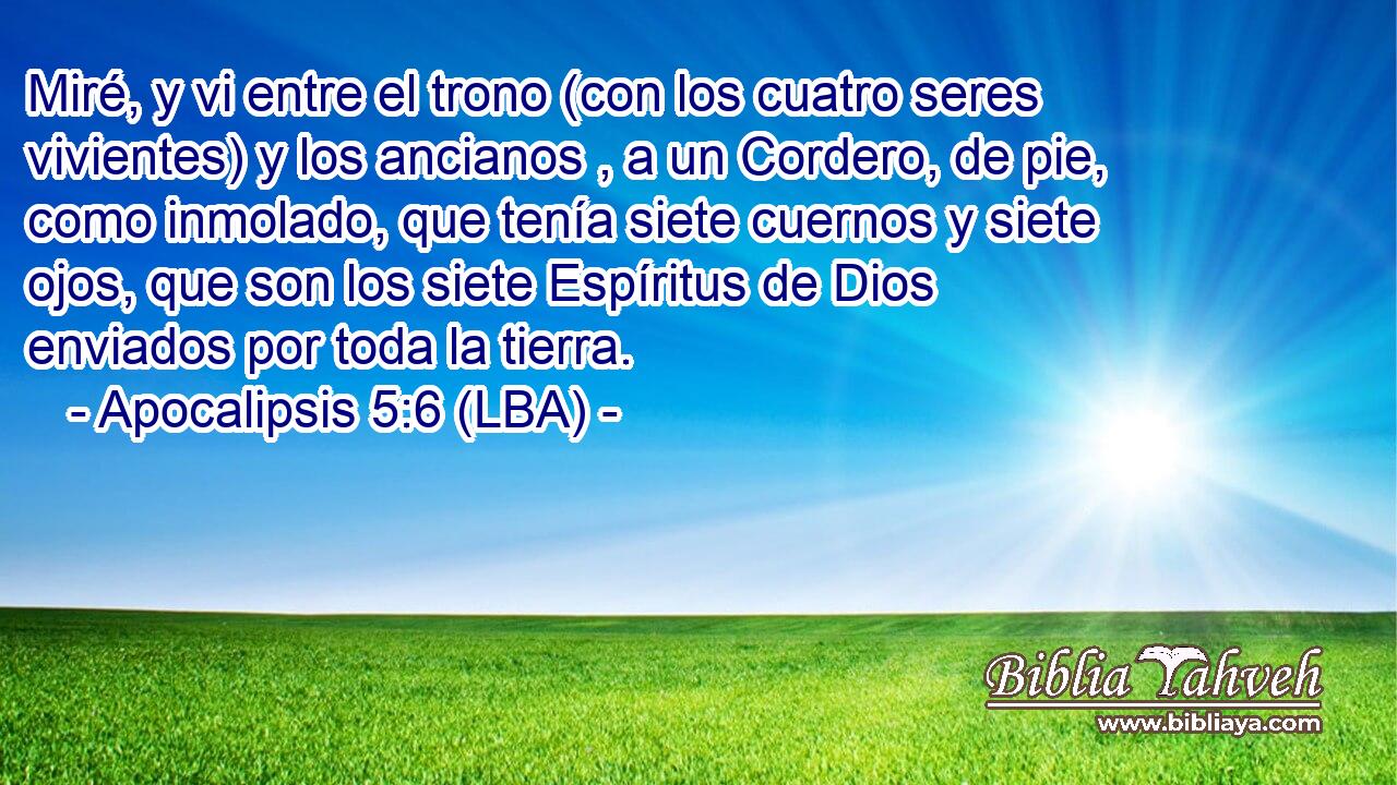 Miré, y vi entre el trono (con los cuatro seres vivientes) y los ancianos , a un Cordero, de pie, como inmolado, que tenía siete cuernos y siete ojos, que son los siete Espíritus de Dios enviados por toda la tierra.