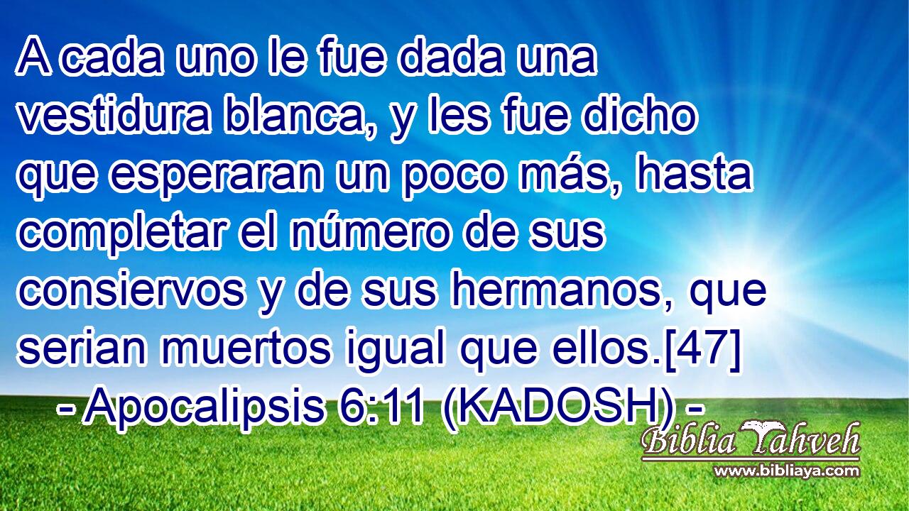  A cada uno le fue dada una vestidura blanca, y les fue dicho que esperaran un poco más, hasta completar el número de sus consiervos y de sus hermanos, que serian muertos igual que ellos.[47] 