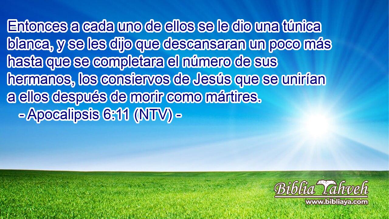 Entonces a cada uno de ellos se le dio una túnica blanca, y se les dijo que descansaran un poco más hasta que se completara el número de sus hermanos, los consiervos de Jesús que se unirían a ellos después de morir como mártires.