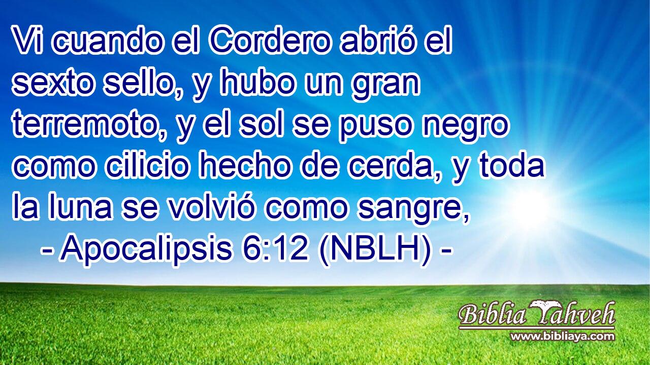  Vi cuando el Cordero abrió el sexto sello, y hubo un gran terremoto, y el sol se puso negro como cilicio hecho de cerda, y toda la luna se volvió como sangre, 