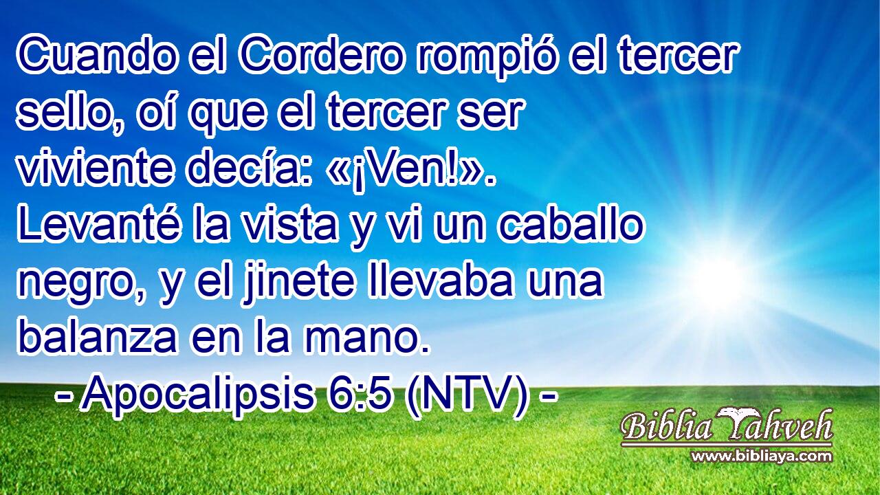Cuando el Cordero rompió el tercer sello, oí que el tercer ser viviente decía: «¡Ven!». Levanté la vista y vi un caballo negro, y el jinete llevaba una balanza en la mano.