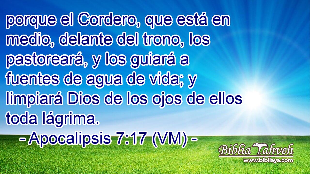  porque el Cordero, que está en medio, delante del trono, los pastoreará, y los guiará a fuentes de agua de vida; y limpiará Dios de los ojos de ellos toda lágrima. 