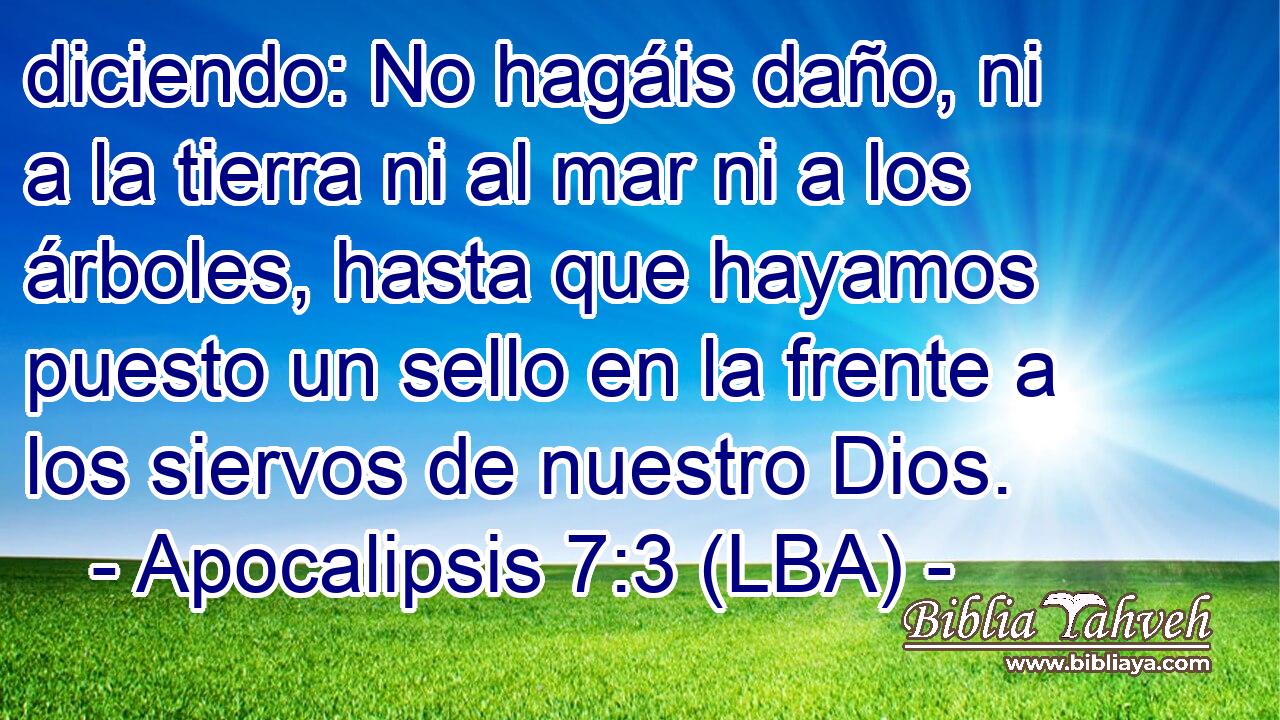 diciendo: No hagáis daño, ni a la tierra ni al mar ni a los árboles, hasta que hayamos puesto un sello en la frente a los siervos de nuestro Dios.