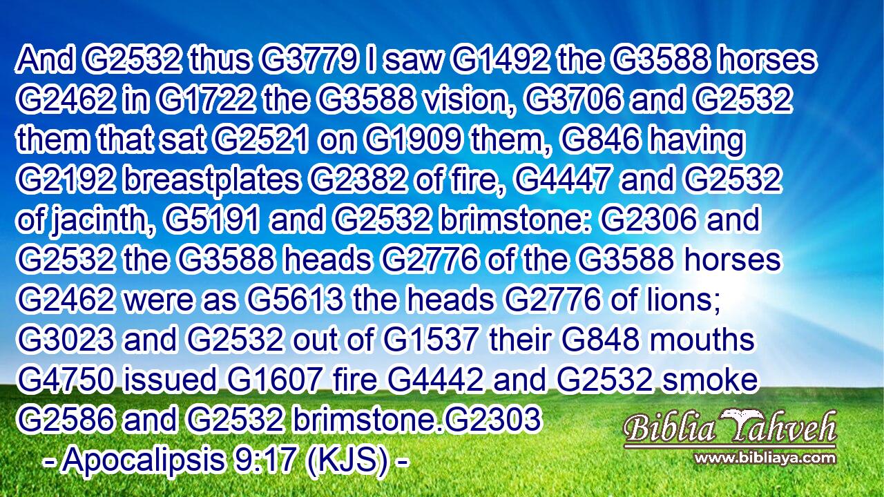 And G2532 thus G3779 I saw G1492 the G3588 horses G2462 in G1722 the G3588 vision, G3706 and G2532 them that sat G2521 on G1909 them, G846 having G2192 breastplates G2382 of fire, G4447 and G2532 of jacinth, G5191 and G2532 brimstone: G2306 and G2532 the G3588 heads G2776 of the G3588 horses G2462 were as G5613 the heads G2776 of lions; G3023 and G2532 out of G1537 their G848 mouths G4750 issued G1607 fire G4442 and G2532 smoke G2586 and G2532 brimstone.G2303