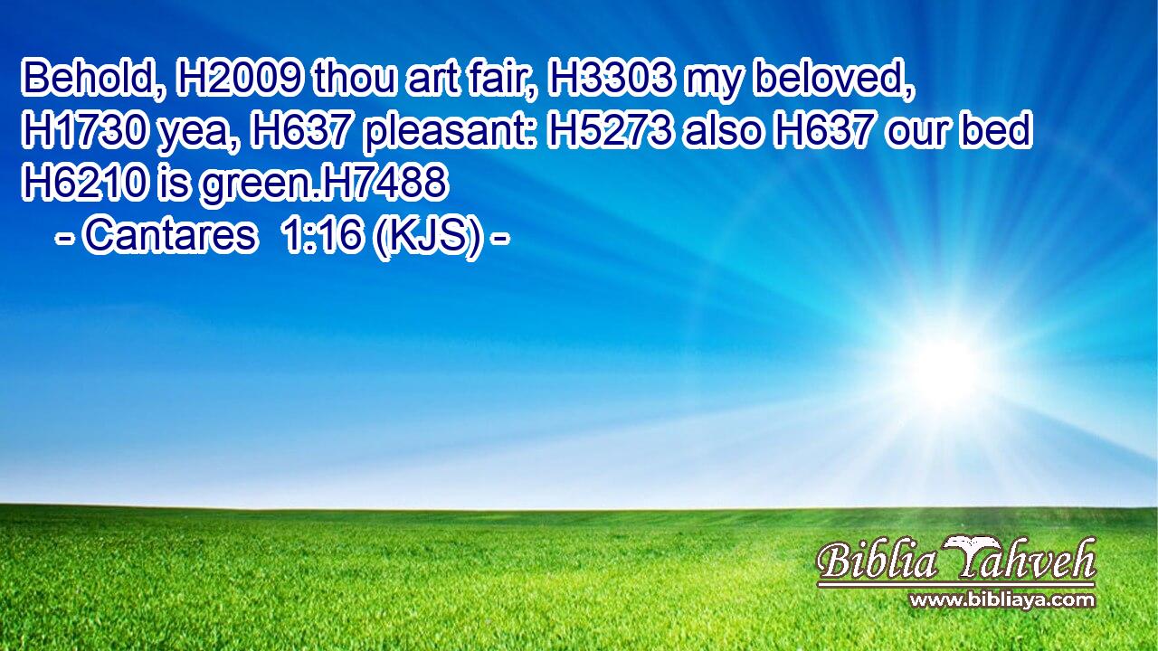 Behold, H2009 thou art fair, H3303 my beloved, H1730 yea, H637 pleasant: H5273 also H637 our bed H6210 is green.H7488