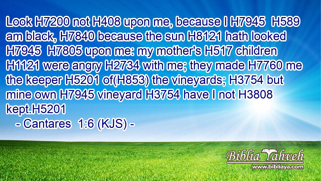 Look H7200 not H408 upon me, because I H7945  H589 am black, H7840 because the sun H8121 hath looked H7945  H7805 upon me: my mother's H517 children H1121 were angry H2734 with me; they made H7760 me the keeper H5201 of(H853) the vineyards; H3754 but mine own H7945 vineyard H3754 have I not H3808 kept.H5201