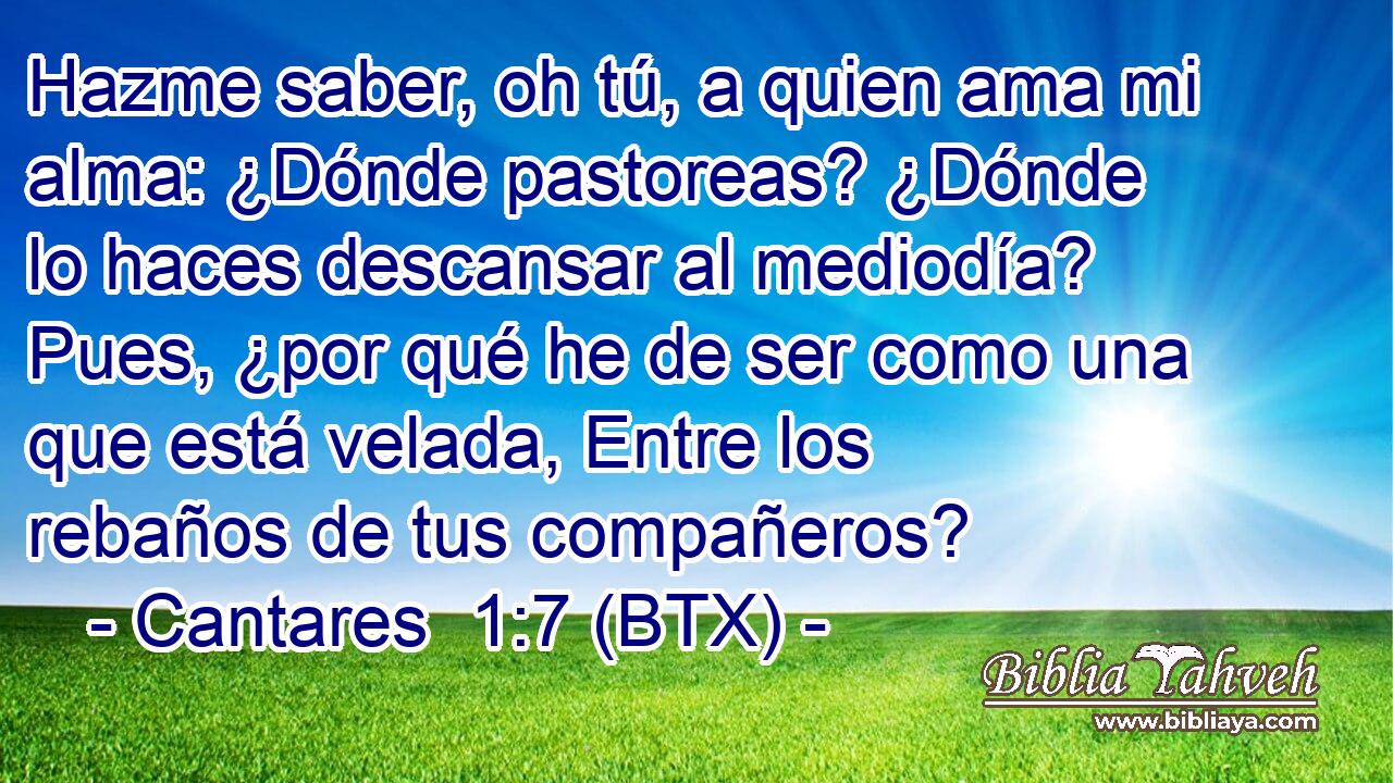 Hazme saber, oh tú, a quien ama mi alma: ¿Dónde pastoreas? ¿Dónde lo haces descansar al mediodía? Pues, ¿por qué he de ser como una que está velada, Entre los rebaños de tus compañeros?