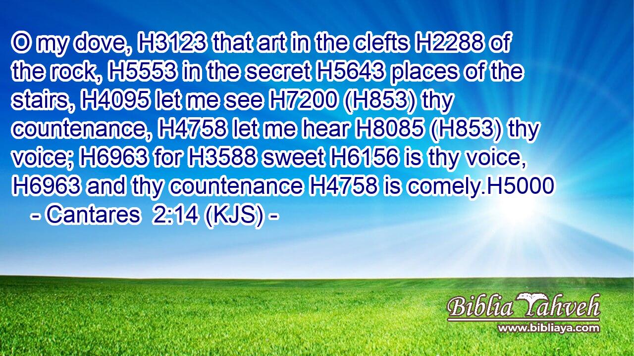 O my dove, H3123 that art in the clefts H2288 of the rock, H5553 in the secret H5643 places of the stairs, H4095 let me see H7200 (H853) thy countenance, H4758 let me hear H8085 (H853) thy voice; H6963 for H3588 sweet H6156 is thy voice, H6963 and thy countenance H4758 is comely.H5000