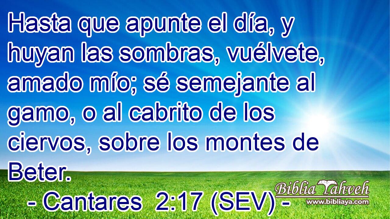 Hasta que apunte el día, y huyan las sombras, vuélvete, amado mío; sé semejante al gamo, o al cabrito de los ciervos, sobre los montes de Beter.