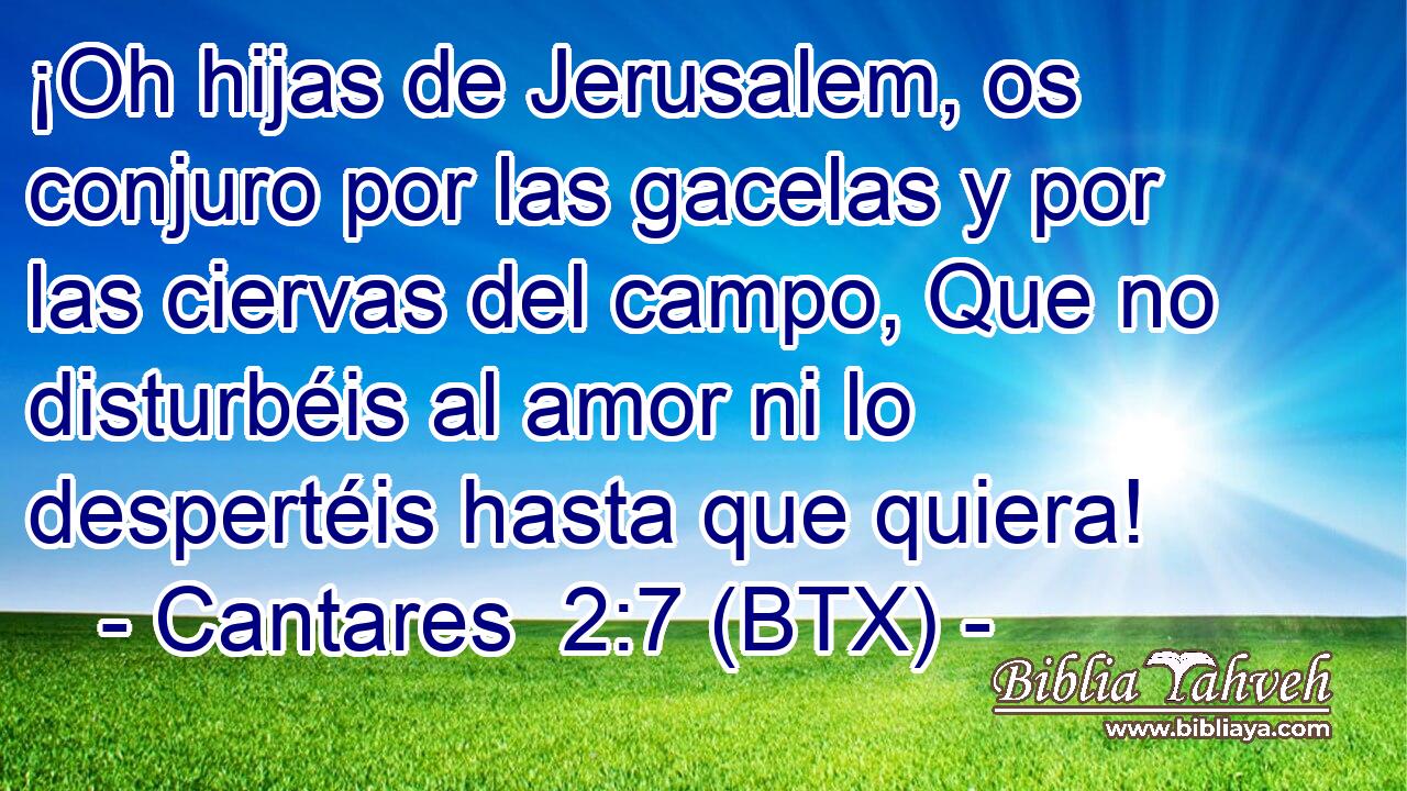 ¡Oh hijas de Jerusalem, os conjuro por las gacelas y por las ciervas del campo, Que no disturbéis al amor ni lo despertéis hasta que quiera!
