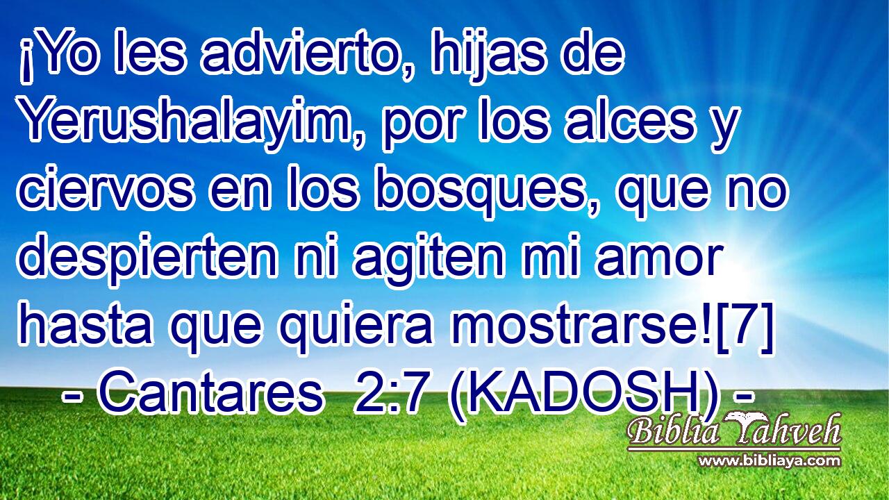  ¡Yo les advierto, hijas de Yerushalayim, por los alces y ciervos en los bosques, que no despierten ni agiten mi amor hasta que quiera mostrarse![7] 