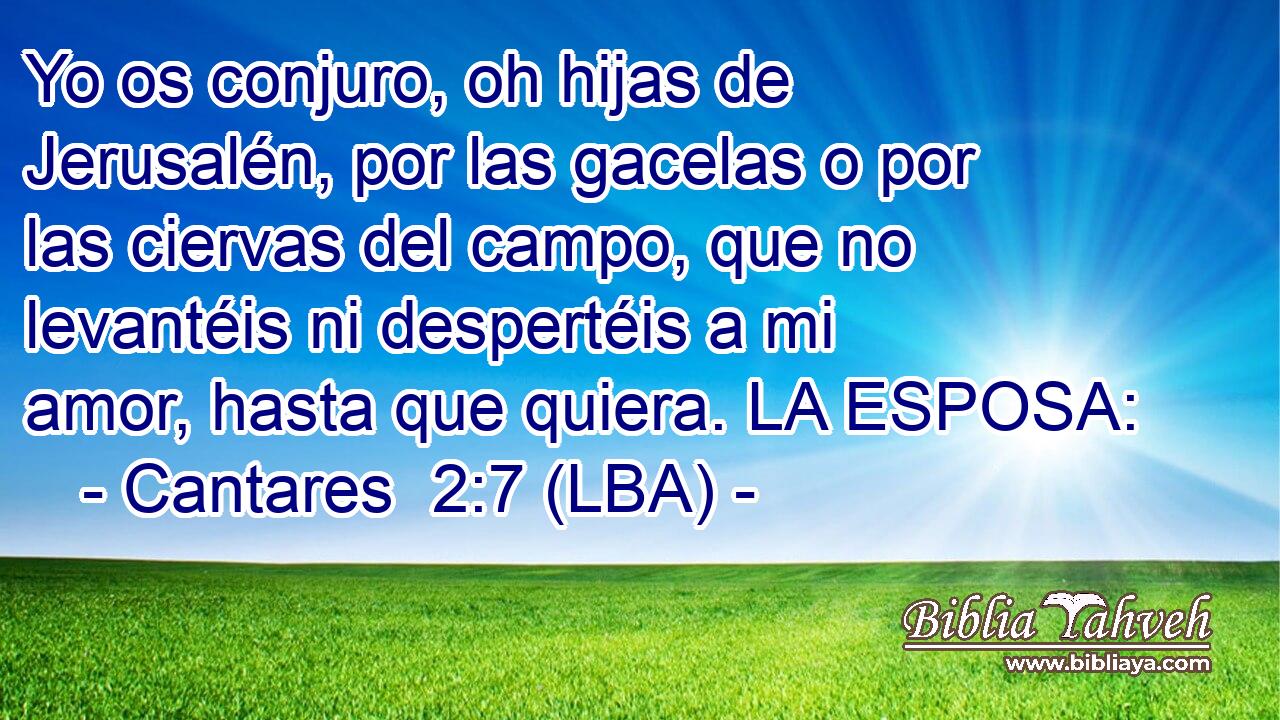 Yo os conjuro, oh hijas de Jerusalén, por las gacelas o por las ciervas del campo, que no levantéis ni despertéis a mi amor, hasta que quiera. LA ESPOSA: