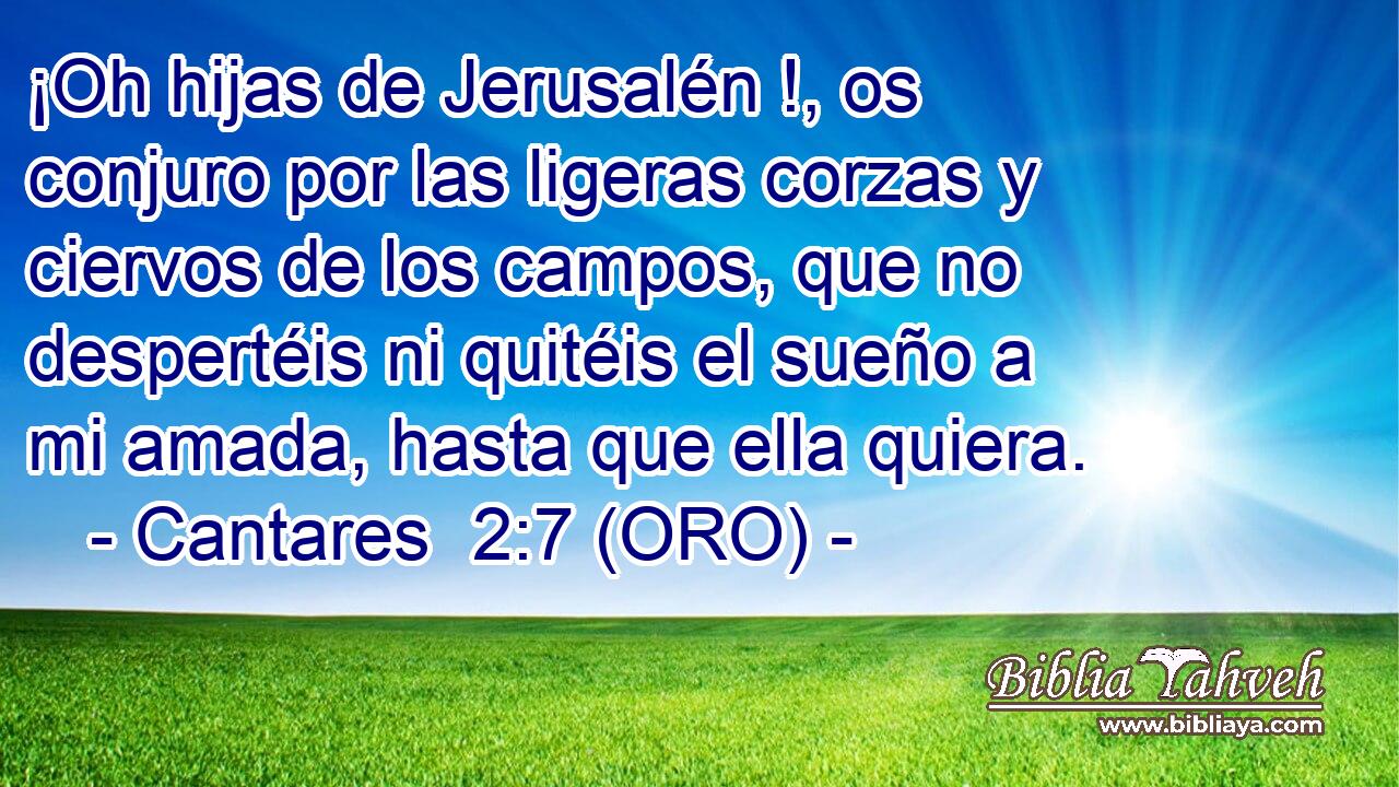  ¡Oh hijas de Jerusalén !, os conjuro por las ligeras corzas y ciervos de los campos, que no despertéis ni quitéis el sueño a mi amada, hasta que ella quiera. 