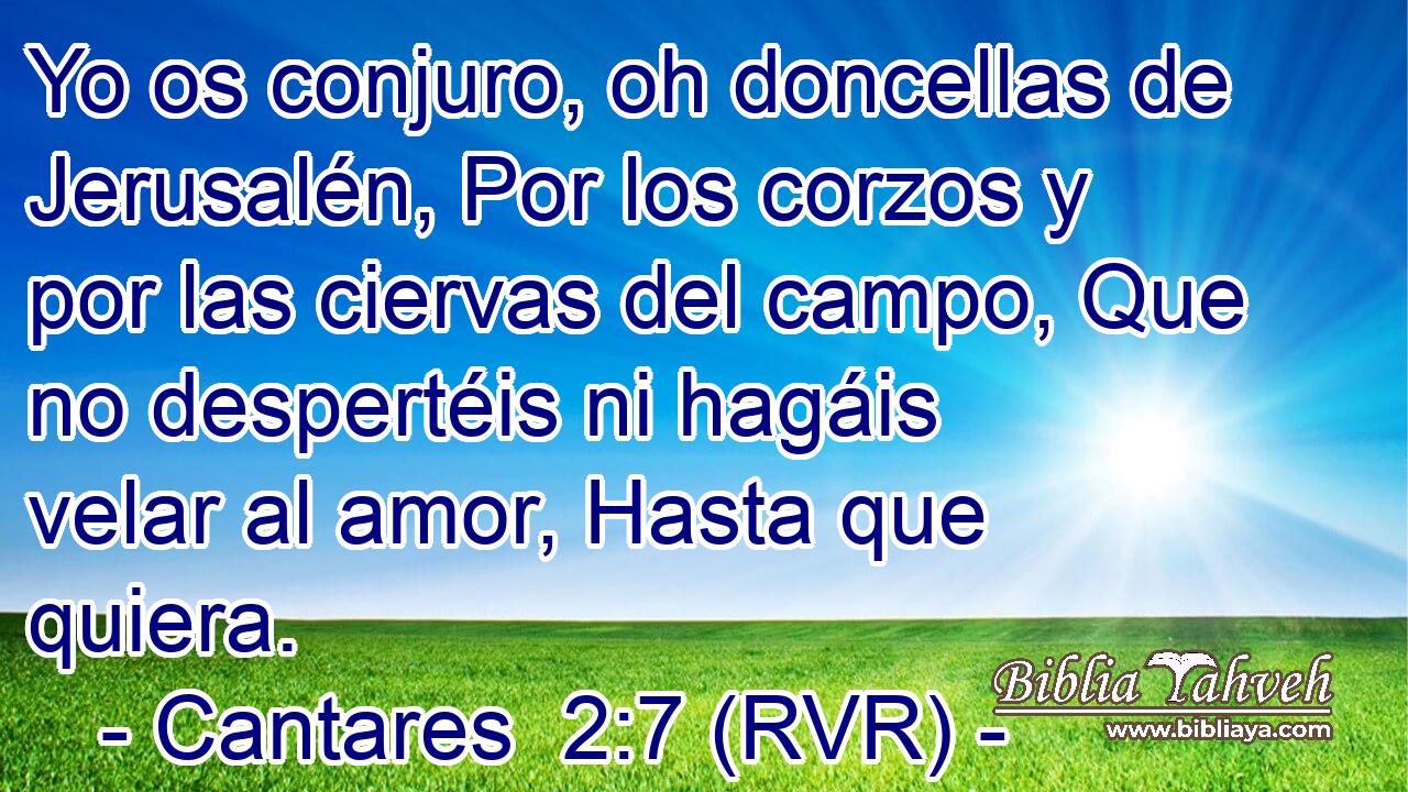 Yo os conjuro, oh doncellas de Jerusalén, Por los corzos y por las ciervas del campo, Que no despertéis ni hagáis velar al amor, Hasta que quiera.