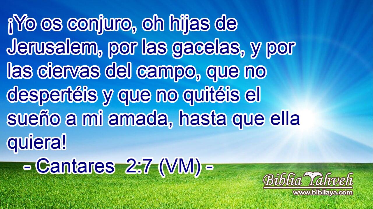  ¡Yo os conjuro, oh hijas de Jerusalem, por las gacelas, y por las ciervas del campo, que no despertéis y que no quitéis el sueño a mi amada, hasta que ella quiera! 