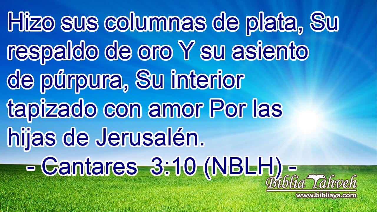  Hizo sus columnas de plata, Su respaldo de oro Y su asiento de púrpura, Su interior tapizado con amor Por las hijas de Jerusalén. 