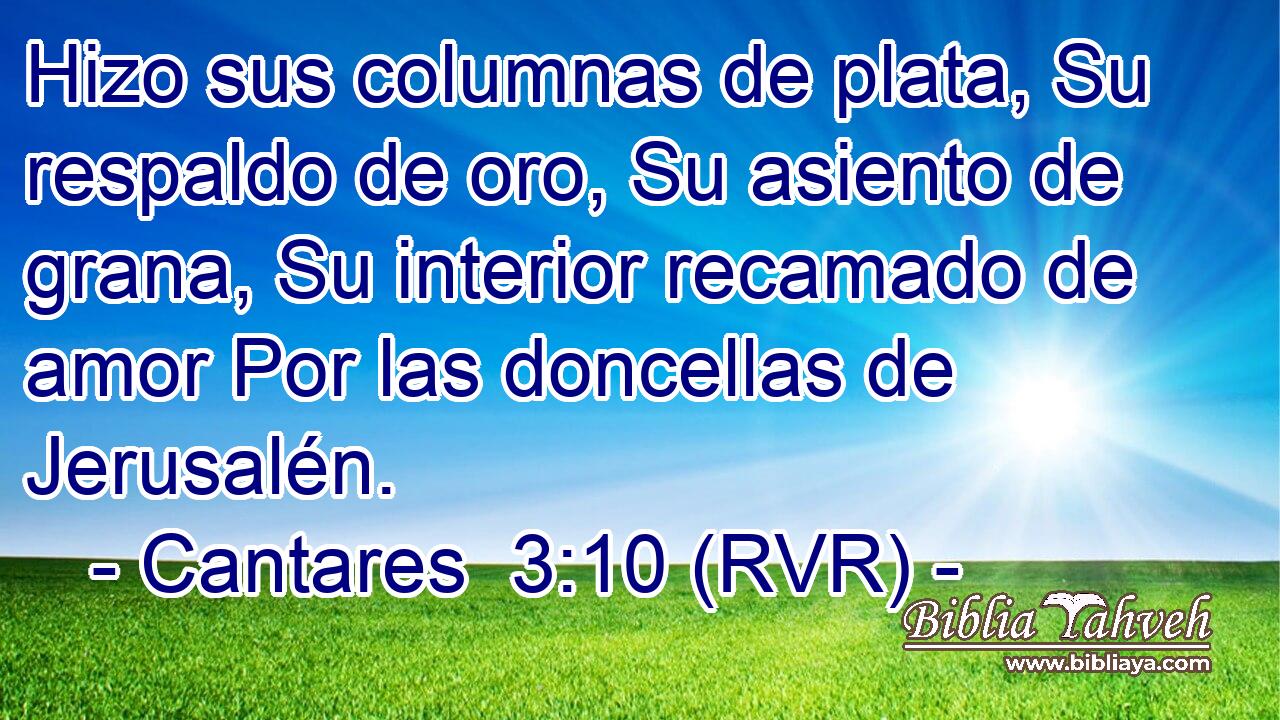 Hizo sus columnas de plata, Su respaldo de oro, Su asiento de grana, Su interior recamado de amor Por las doncellas de Jerusalén.