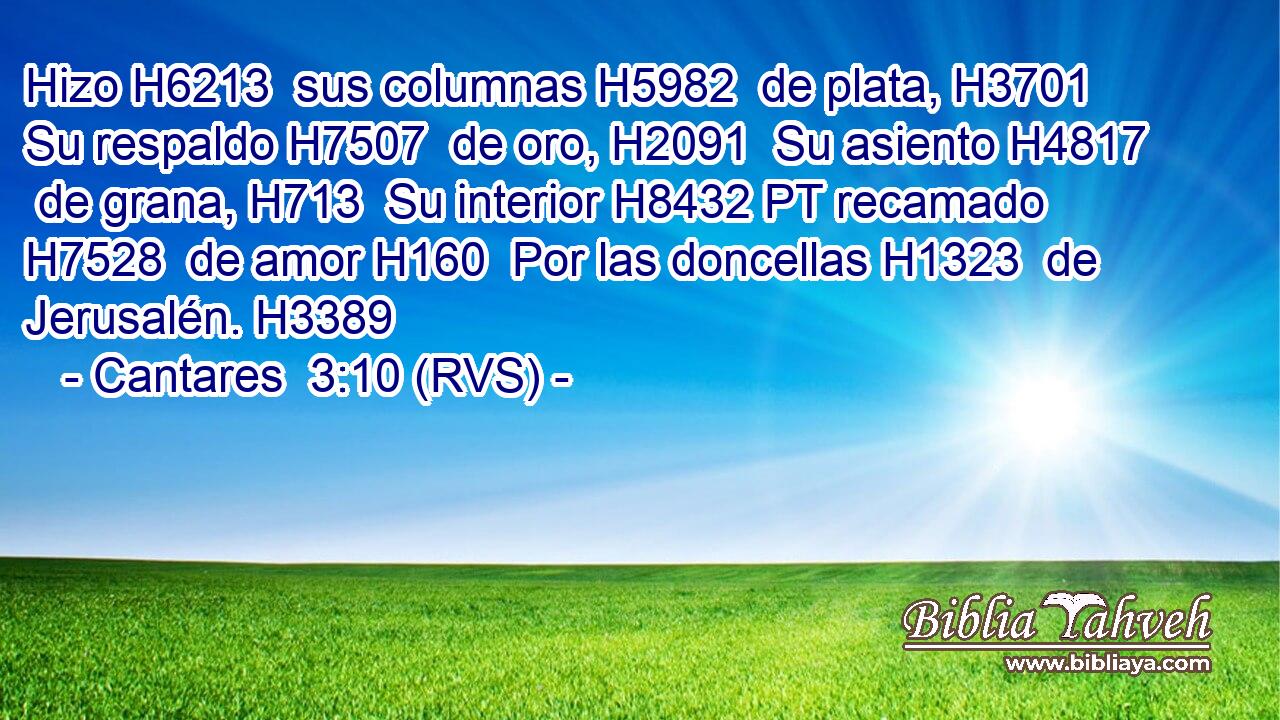 Hizo H6213  sus columnas H5982  de plata, H3701  Su respaldo H7507  de oro, H2091  Su asiento H4817  de grana, H713  Su interior H8432 PT recamado H7528  de amor H160  Por las doncellas H1323  de Jerusalén. H3389  
